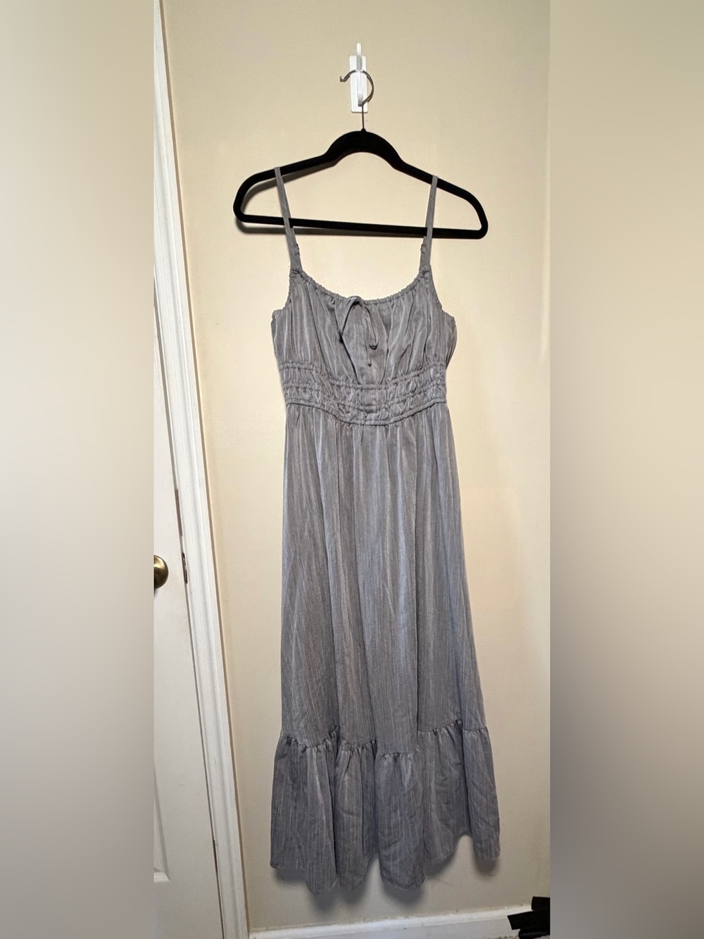Gray Boho Smocked Waist Maxi Dress Cottagecore Prairie Romantic